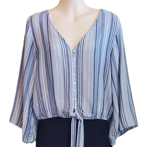 American Eagle Women's Blue Striped Blouse Sz Med‎ Tie Front Button Down